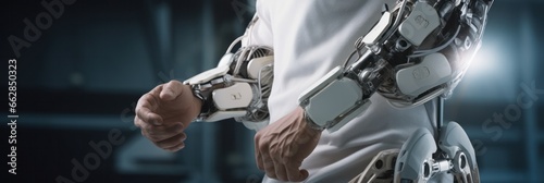 Healthcare transformed: Close-up of user harnessing AI's prowess with a robotic exoskeleton