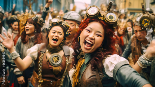 portrait of several women from an alternative reality dressed in steampunk style , partying, having a good time.