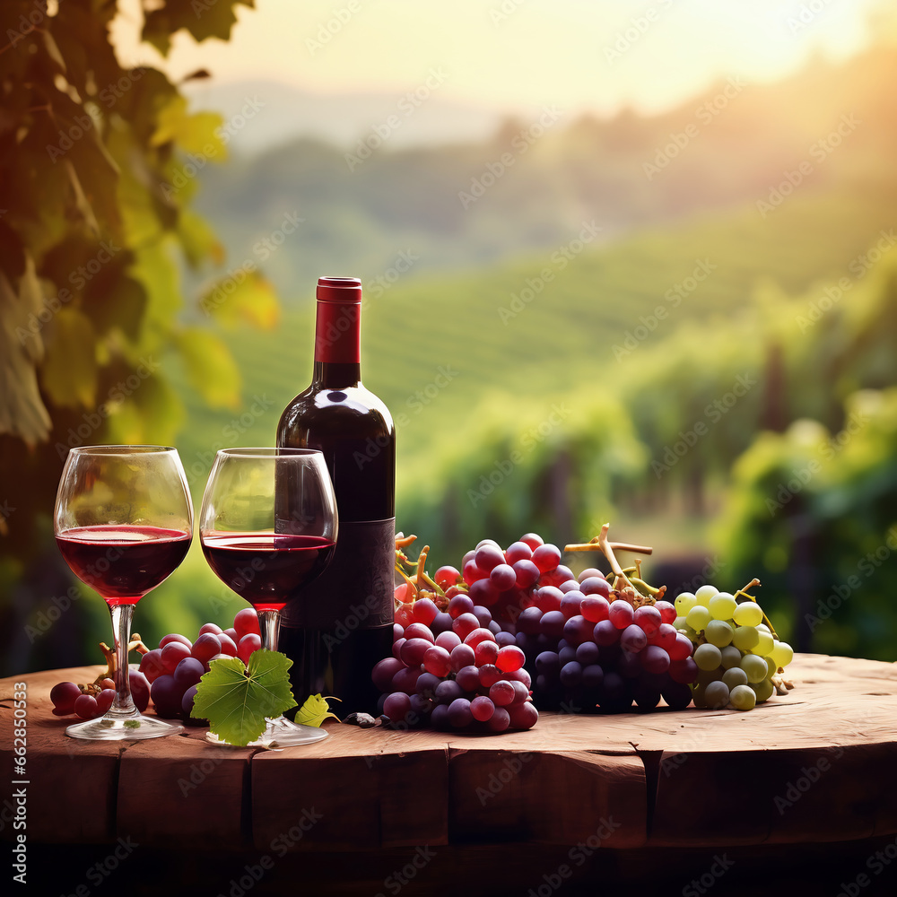 Wine bottle and glass of red wine on vineyard background.