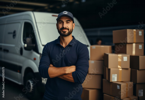 Uniformed delivery man or courier warehouse. Boxes stacked on floor. © AllistairBot/Peopleimages - AI