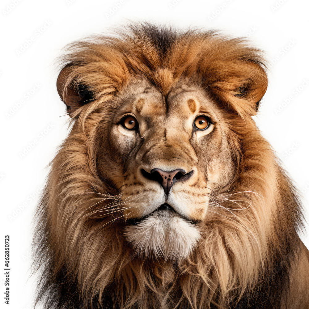 Close up shot of a Lion king Angle to capture the whole body, studio photo, White background