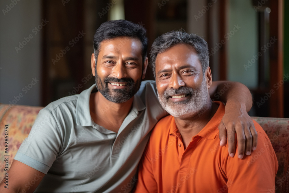 Two Indian men smiling with their arms around each other