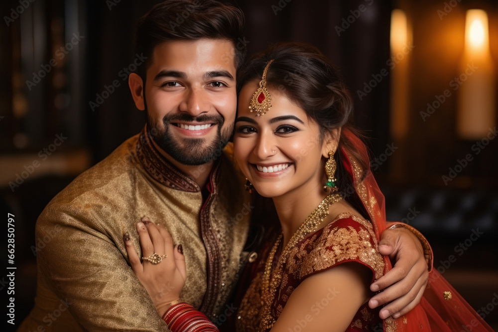 Young indian couple in traditional wear, hugging to each other and ...