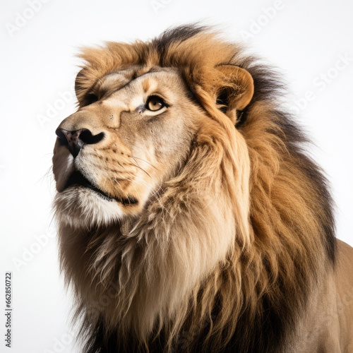 Close up shot of a Lion king Angle to capture the whole body, studio photo, White background