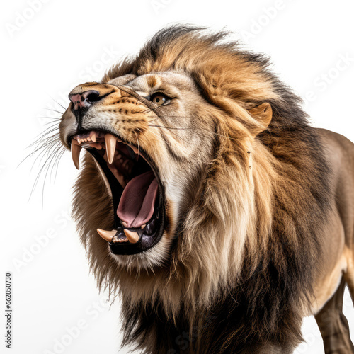 Close up shot of a Lion king Angle to capture the whole body  studio photo  White background