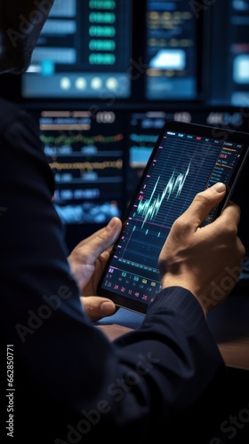  Close-up of trader with tablet assisted by AI for stock decisions. Modern finance showcased