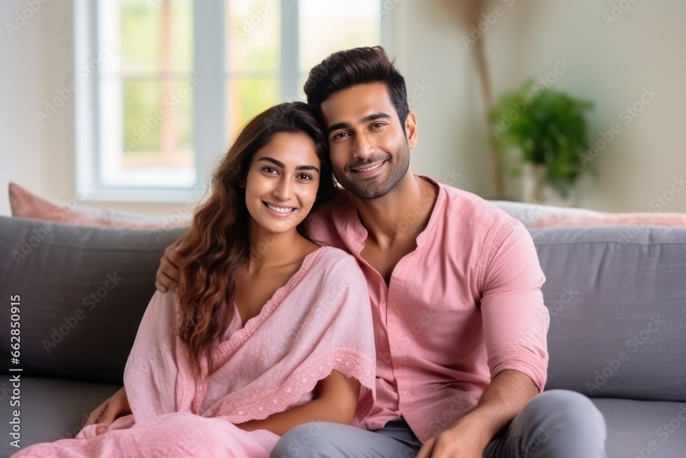 Young indian couple in traditional wear, hugging to each other and ...