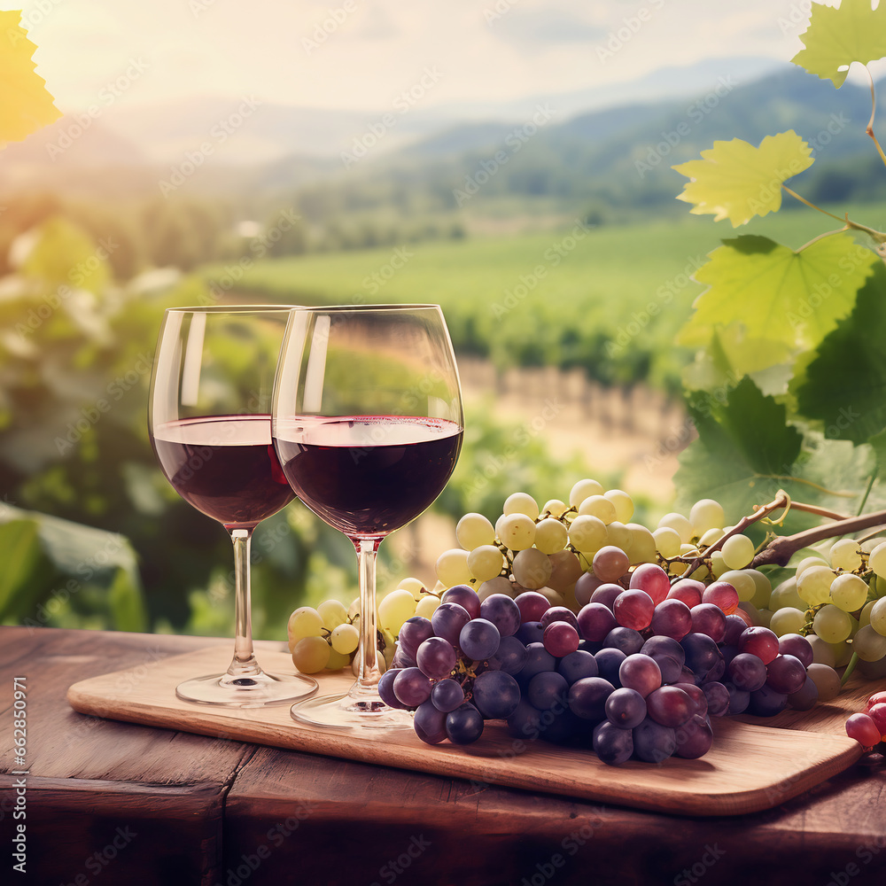 Wine bottle and glass of red wine on vineyard background.