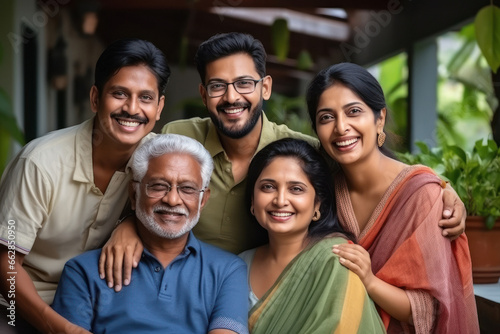 Indian family sitting together at home, smiling