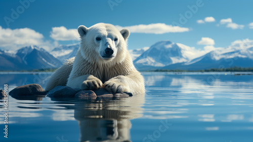 a polar bear is lying on some rocks in a lake,