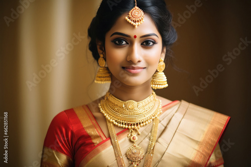 Indian beautiful bride wearing jewelery and traditional saree photo