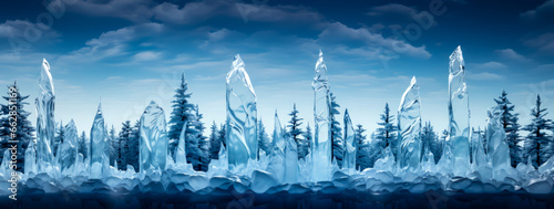 blocks of ice coming out of the ground in a forest, snowy pines in the background, photo