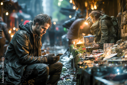 Fotografia a man sits with a cell phone in a post-apocalyptic cyberpunk scene