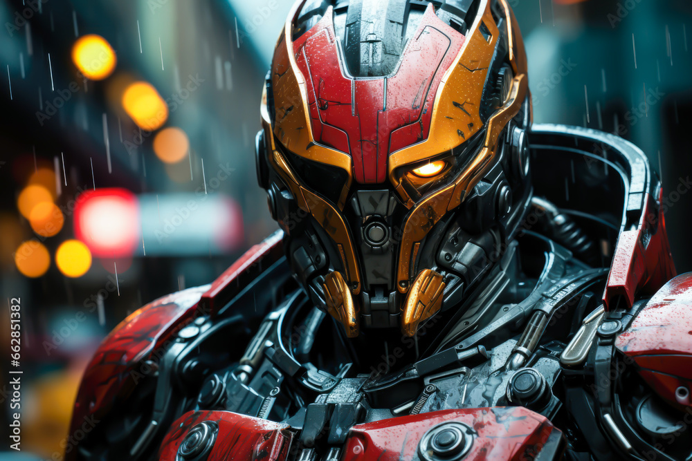 portrait of a mechanical cyborg robot with a single orange eye, cyberpunk portrait of a mechanical cyborg robot with a single orange eye, cyberpunk