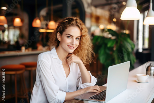 Young woman freelancer in white blouse by table in cafe with laptop, remote job concept