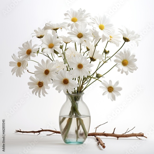 Daisy Dreamscape  A rustic arrangement of fresh white daisies with their delicate petals  interspersed with dried twigs  against a pure white background