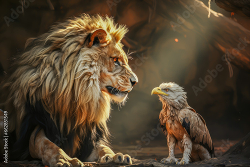 a lion that a cave, next to an eagle, the two are looking at each other, memes, funny, humorous animals