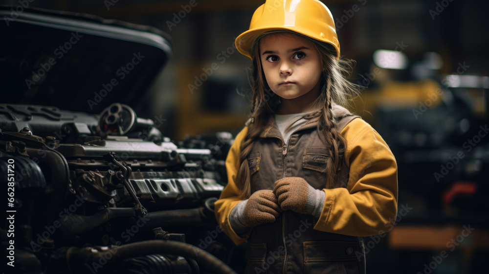 A little girl pretending to be a mechanic. The concept of children in adulthood. A little girl pretending to be a mechanic. The concept of children in adulthood.