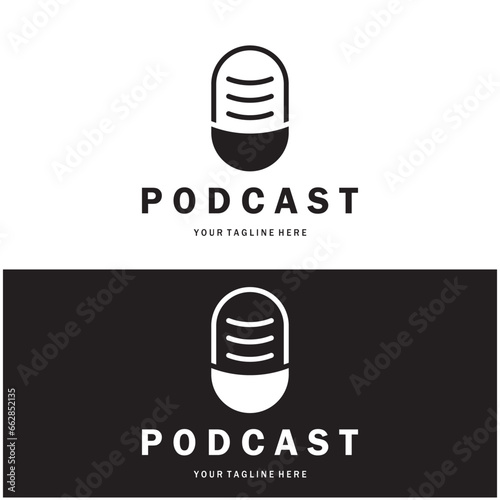 podcast logo with microphone and earphone audio, radio waves. for studio, talk show, chat, information sharing, interview, multimedia and web.