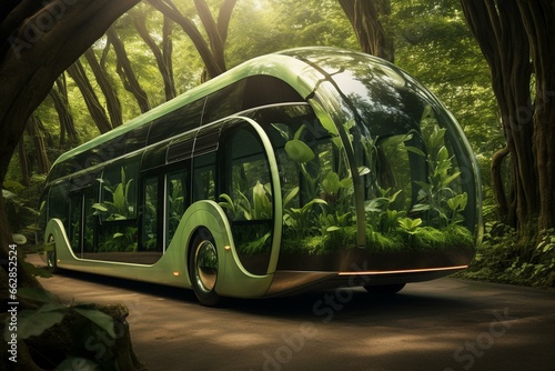Discover the eco-friendly idea of a green bus, supporting carbon reduction and a cleaner environment to ensure a sustainable future. Generative AI photo