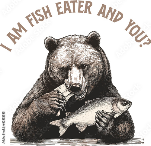 fishing bear vintage hand drawn logo design illustration