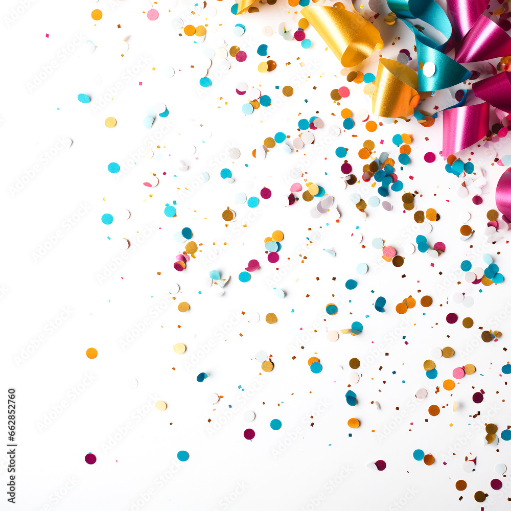 coloured confetti and streamers as a white New Year's background. AI generativ.