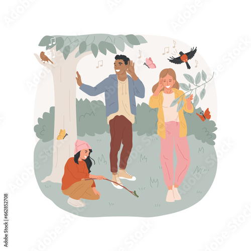 Forest theater isolated cartoon vector illustration. People in forest, wildlife survey, hands-on activities, family lifestyle, enjoying environment, listen to nature sounds vector cartoon.