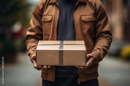 Delivery man holding packages standing in street. Delivery concept. © AllistairBot/Peopleimages - AI