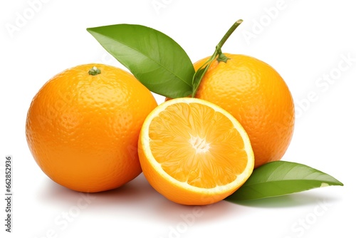 Orange fruit with cut in half and green leaves isolated on white background.