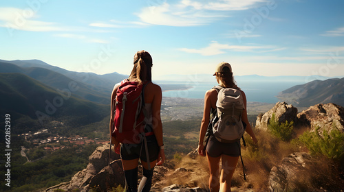 Young women walking on a mountain path
