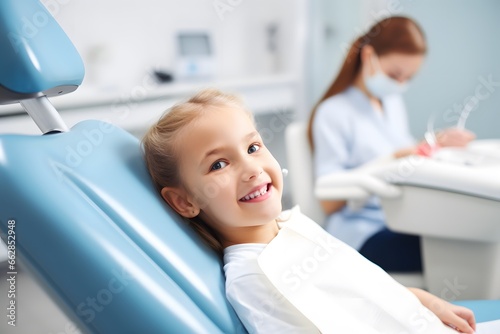Little girl with smiling at dental clinic for healthy teeth.