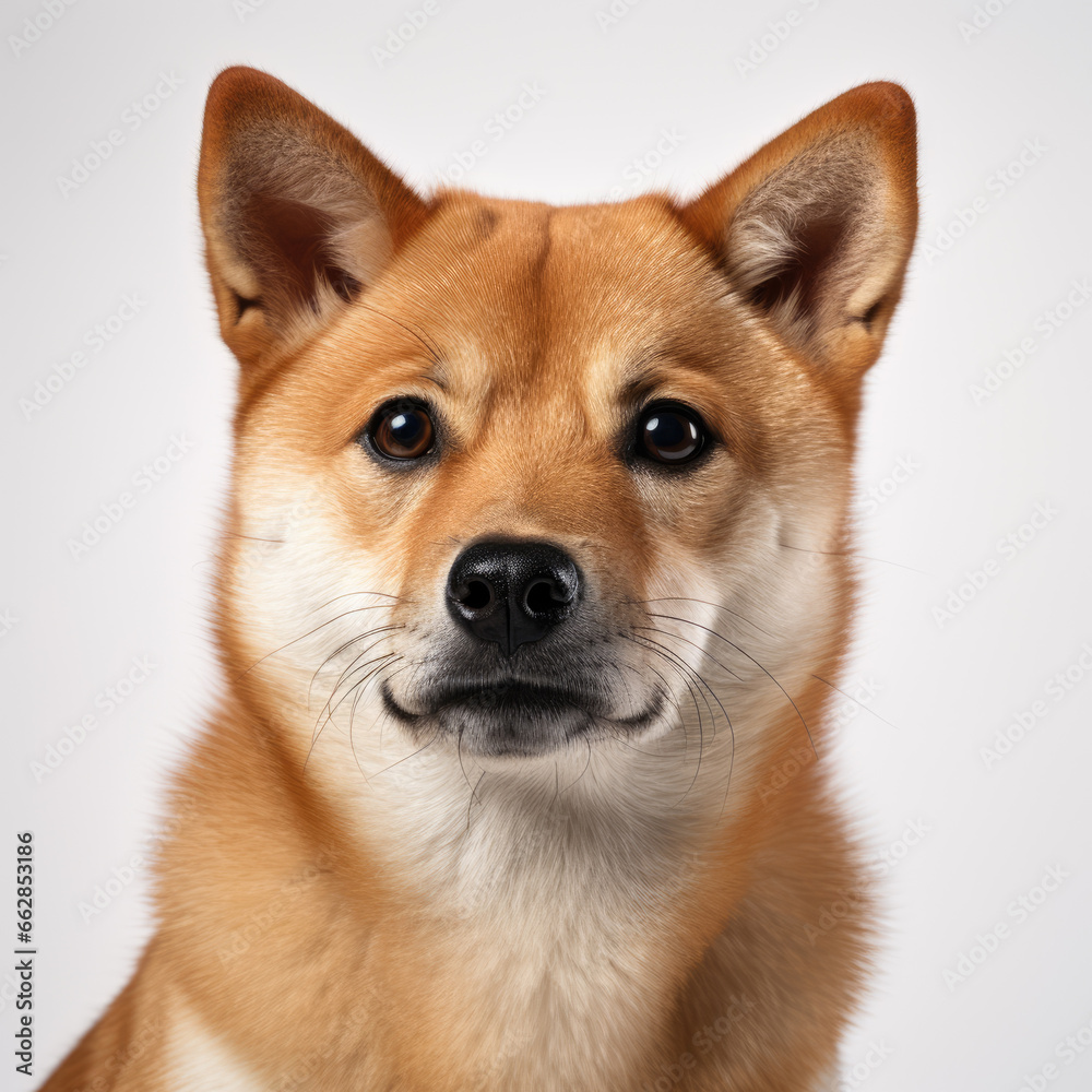 Close up a Shiba inu, Angle to capture the whole body, studio photo, White background Close up a Shiba inu, Angle to capture the whole body, studio photo, White background