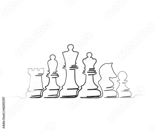 Minimalis pawn, knight, king, queen,rook, bishop outline hand drawn illustration. Simple chess line art vector illustration.