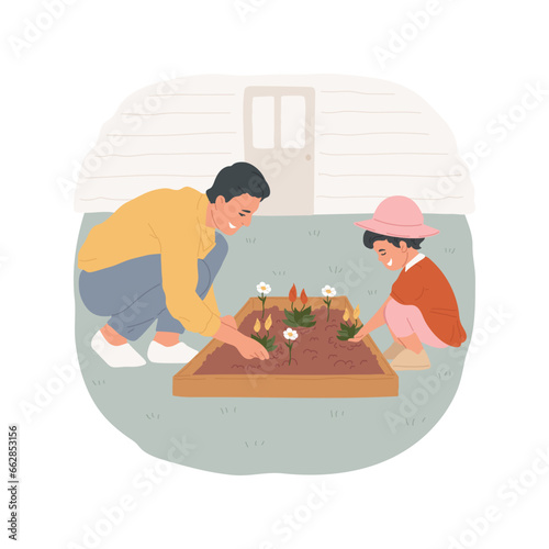 Gardening isolated cartoon vector illustration. Happy family doing gardening together on the backyard, nature care, people lifestyle and hobby, hands-on activity outdoors vector cartoon.