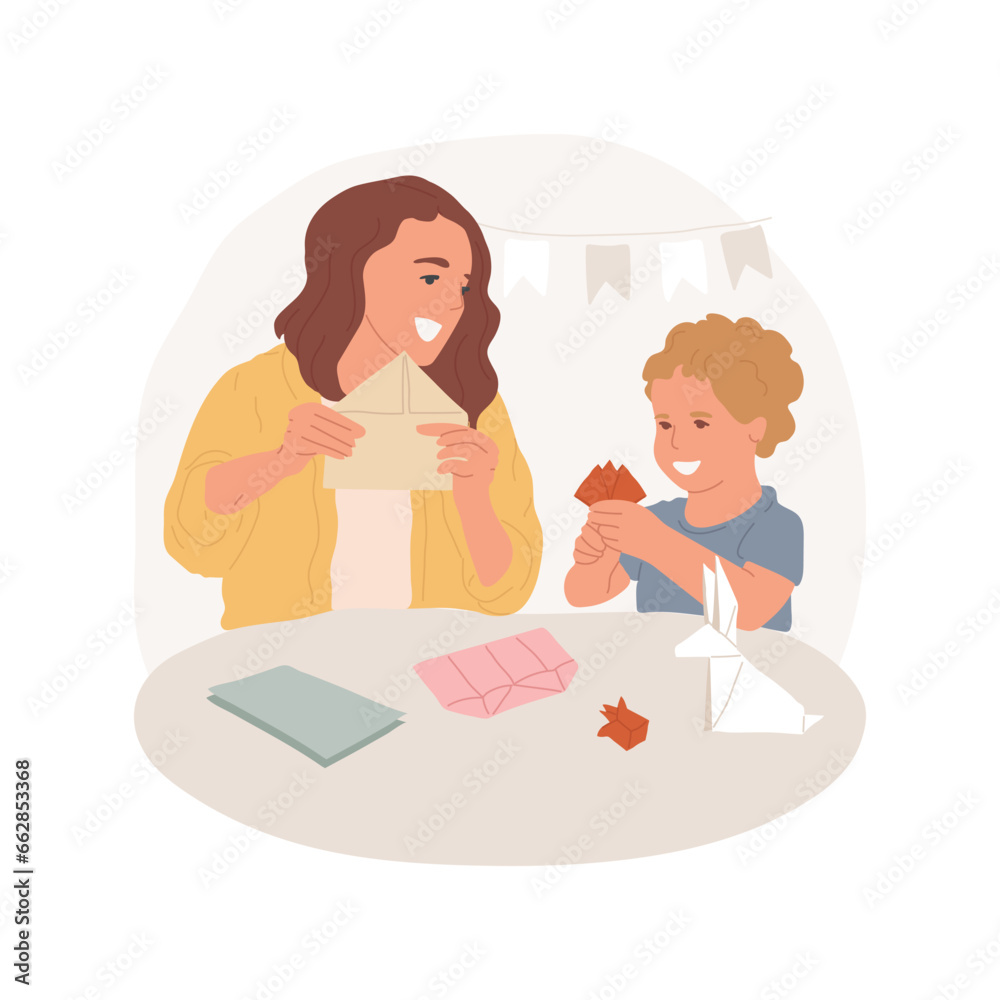 Origami isolated cartoon vector illustration. Happy family making origami together and smiling, having common hobby, hands-on activity, people doing art, handmade gift idea vector cartoon.