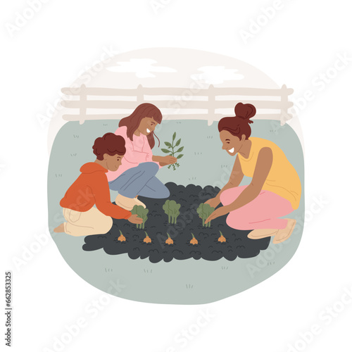 Organic farming isolated cartoon vector illustration. Family with kids growing vegetables together, people lifestyle, organic farming hobby, environmantal-friendly activity vector cartoon.