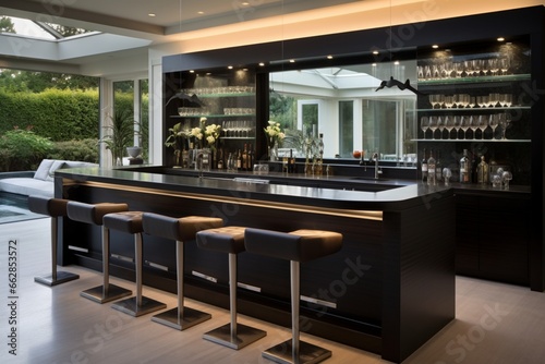 Design a modern and sleek home bar for entertaining guests