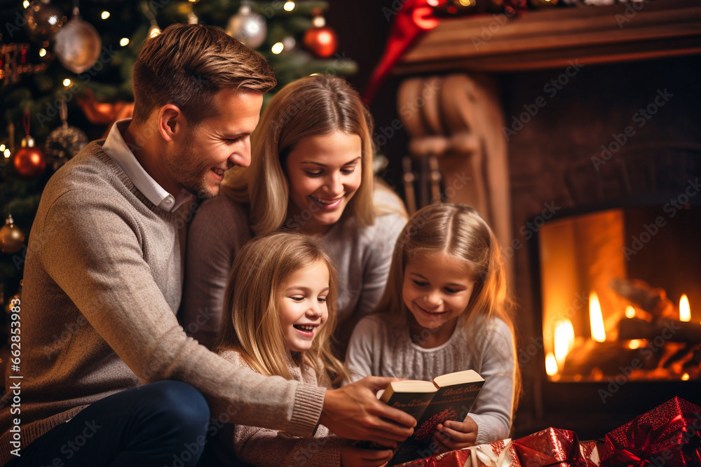 Family sitting by the fireplace, Christmas tree standing next to it. Children enjoying colourful presents. AI generativ.