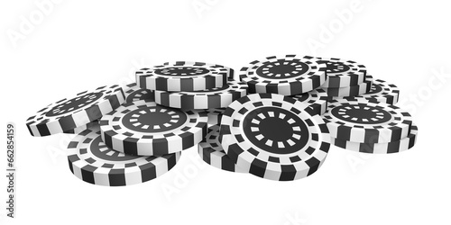 Black casino chips isolated on transparent background png. 3D render. Gambling and casino concept.