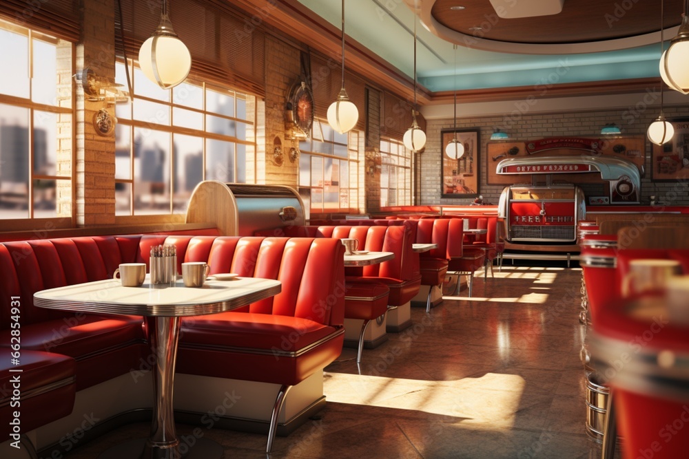 Design a vintage-inspired retro diner with a nostalgic ambiance