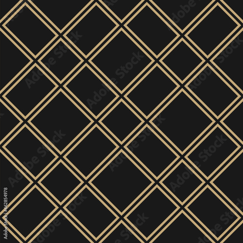 Golden square grid seamless pattern. Abstract minimal black and gold geometric texture. Simple vector minimalist background with diagonal linear lattice, grid, net, mesh, grill. Repeat luxury design