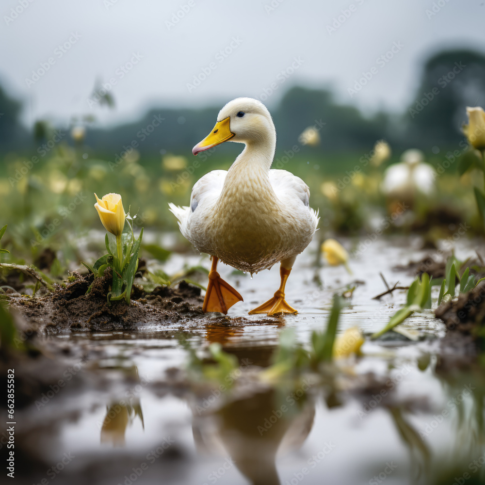 a duck walks across a green field a duck walks across a green field