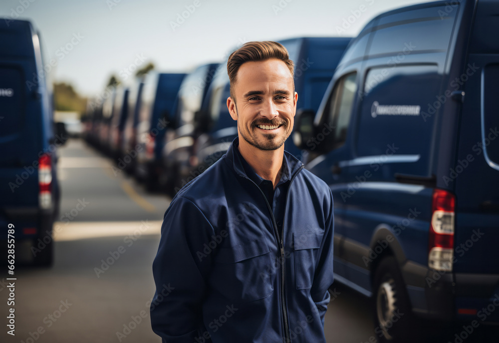 Portrait of happy uniformed delivery man with fleet of vehicles. Portrait of happy uniformed delivery man with fleet of vehicles.
