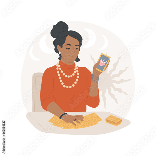 Tarot game isolated cartoon vector illustration. Woman making predictions with tarot cards, doing prophecy, people lifestyle and hobby, hands-on activity, fortune telling vector cartoon.