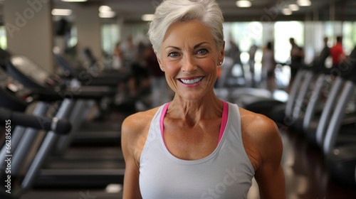 Portrait of fit mature female in gym. Confident smile. Looking at camera.