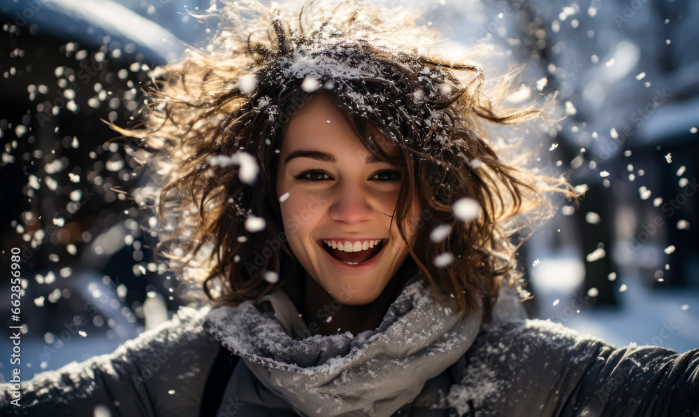 a smiling woman is standing in a snowy forest, winter a smiling woman is standing in a snowy forest, winter