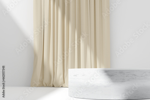 3d white podium on table against beige curtain background. 3d rendering of realistic presentation for product advertising.