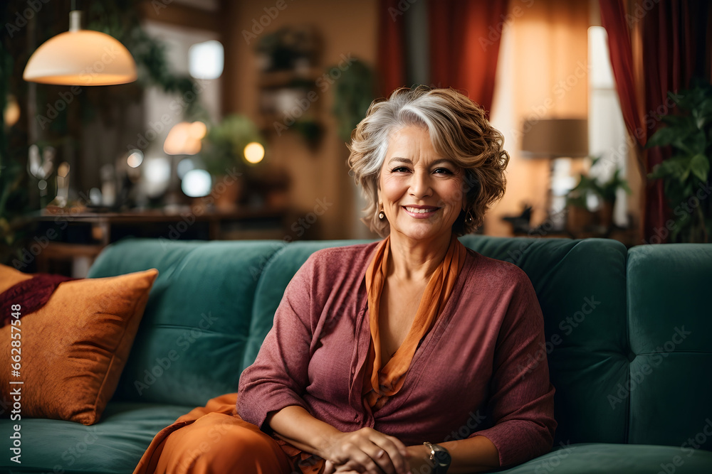 Obraz premium A vibrant and joyful middle-aged woman sits comfortably on a plush sofa
