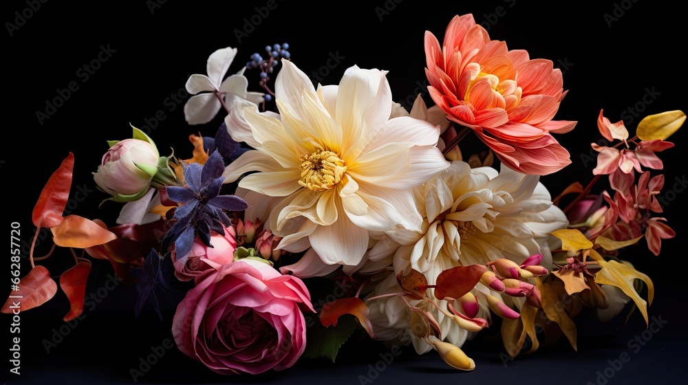 Bouquet Balance: A bouquet of mixed blooms laid flat, the stems intertwined and leaves purposefully arranged Bouquet Balance: A bouquet of mixed blooms laid flat, the stems intertwined and leaves purposefully arranged