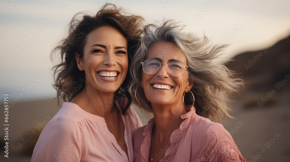 Happy senior friends posing on empty beach. Sunset, golden hour. Happy senior friends posing on empty beach. Sunset, golden hour.